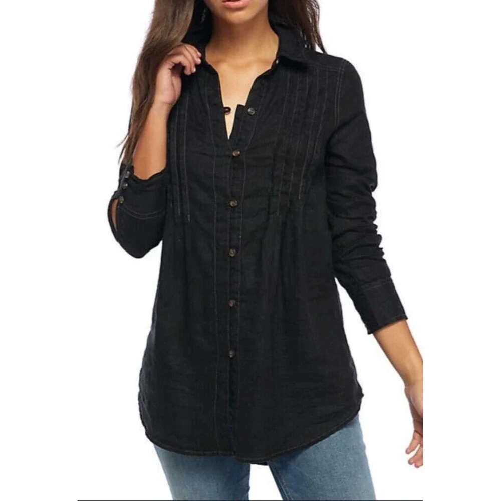 Free People Breezy Morning Relaxed Shirt S‎ Black Button Down Casual Boho Chic